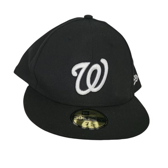 New Era 59FIFTY Washington Nationals Fitted‎ Hat Cap Size 7 (5/8) Black White - Picture 1 of 7